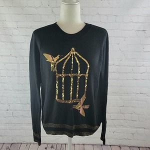 H&M Small Black and Gold Sweater w/Gold Sequin Birds w/Cage Holiday Sweater
